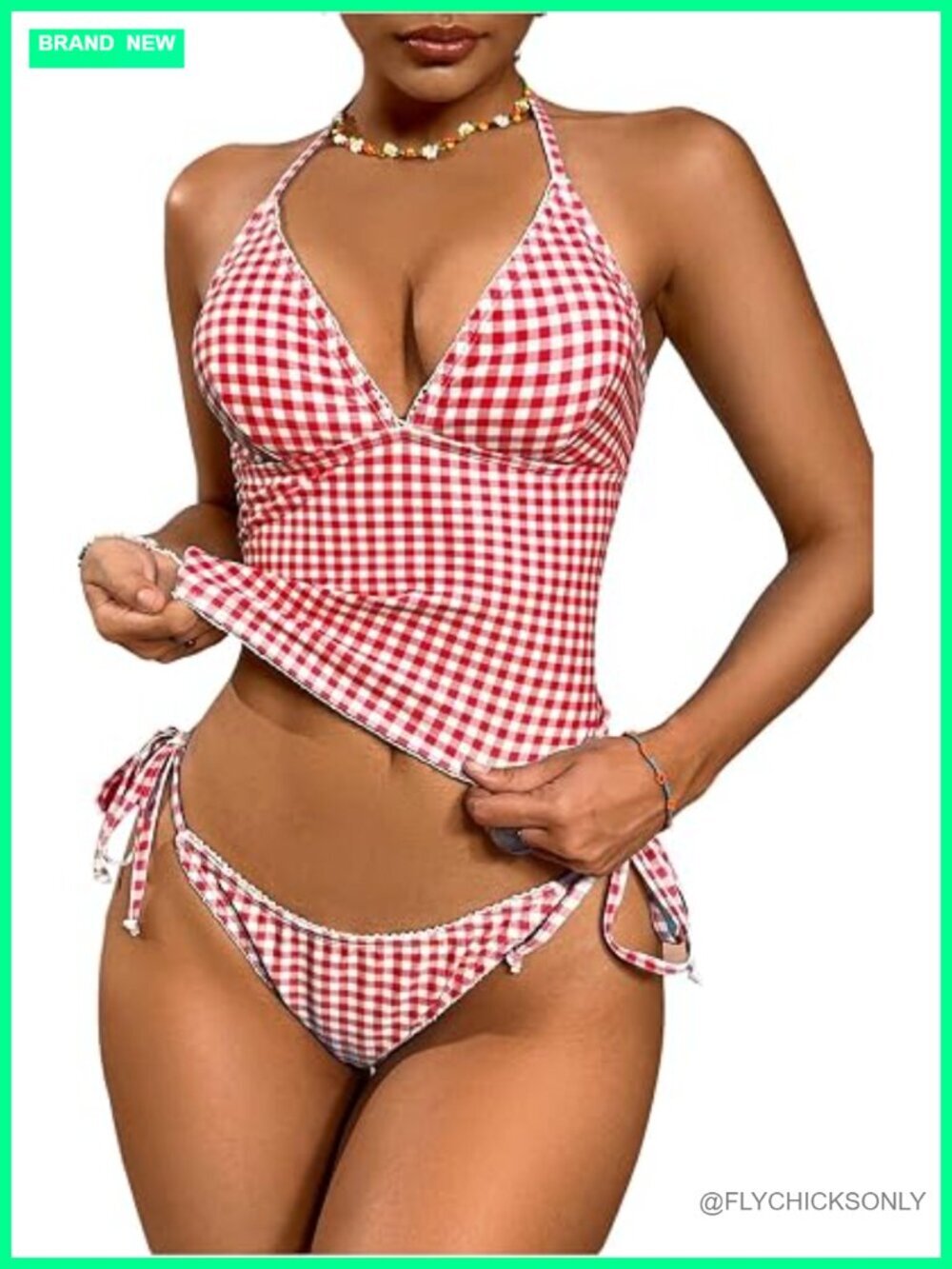 Plaid Halter Neck Tankini Two Piece Swim Set High Stretch Sleeveless Summer